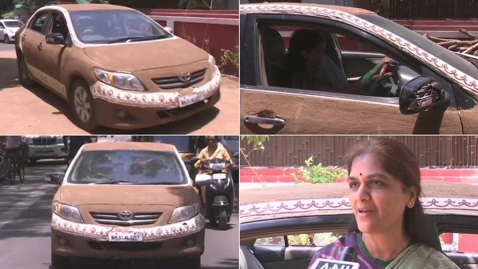 สาวชาวอินเดียเคลือบรถ Toyota Corolla ด้วยมูลวัวหวังดับอากาศร้อนกว่า 45 องศา