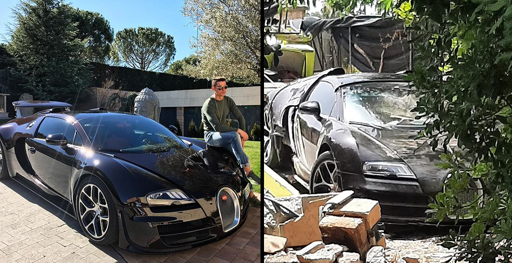 Bugatti Veyron Vitesse ของ "โรนัลโด้" ถูกทีมงานขับซิ่งชนอัดเข้ากับกำแพงยับ